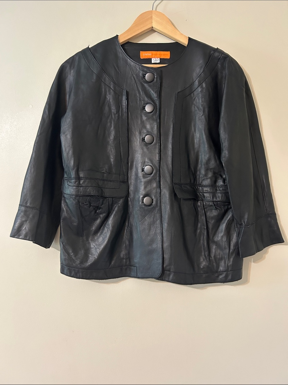Cynthia Steffe Large Black Leather Jacket Coat 3/4 Length Sleeve Boxy Clean Girl